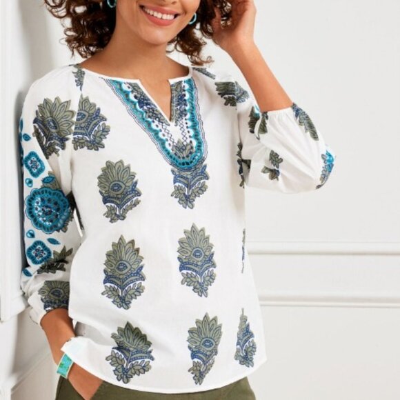 Talbots Women's  Botanical Foulard Embroidered Popover Top - LP - Picture 1 of 7